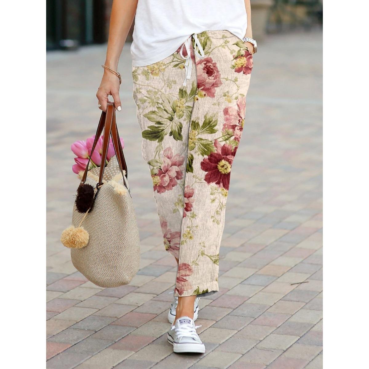 

Женские брюки с широкими штанинами с цветочным принтом - Розовый узор, Прямые штанины с карманом, Наряд для весеннего и летнего отпуска, Элегантная коллекция, Брюки с принтом XL