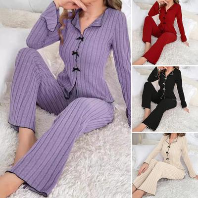Damen Pyjama Set Langarm Oberteil und Weitbein Lange Hose