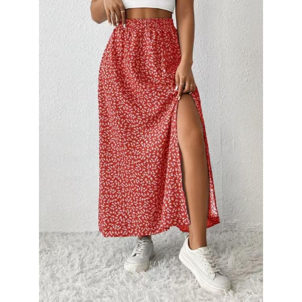 

Vacation Fashion Casual Floral Print Split Hem Midi Skirt for Women XS червоний