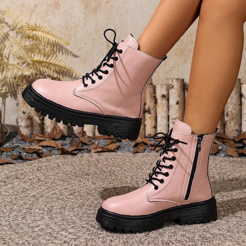 Round Toe Heightened Booties Fall/Winter New Lace-Up Zip Soft Sole Non-Slip Retro Single Boots