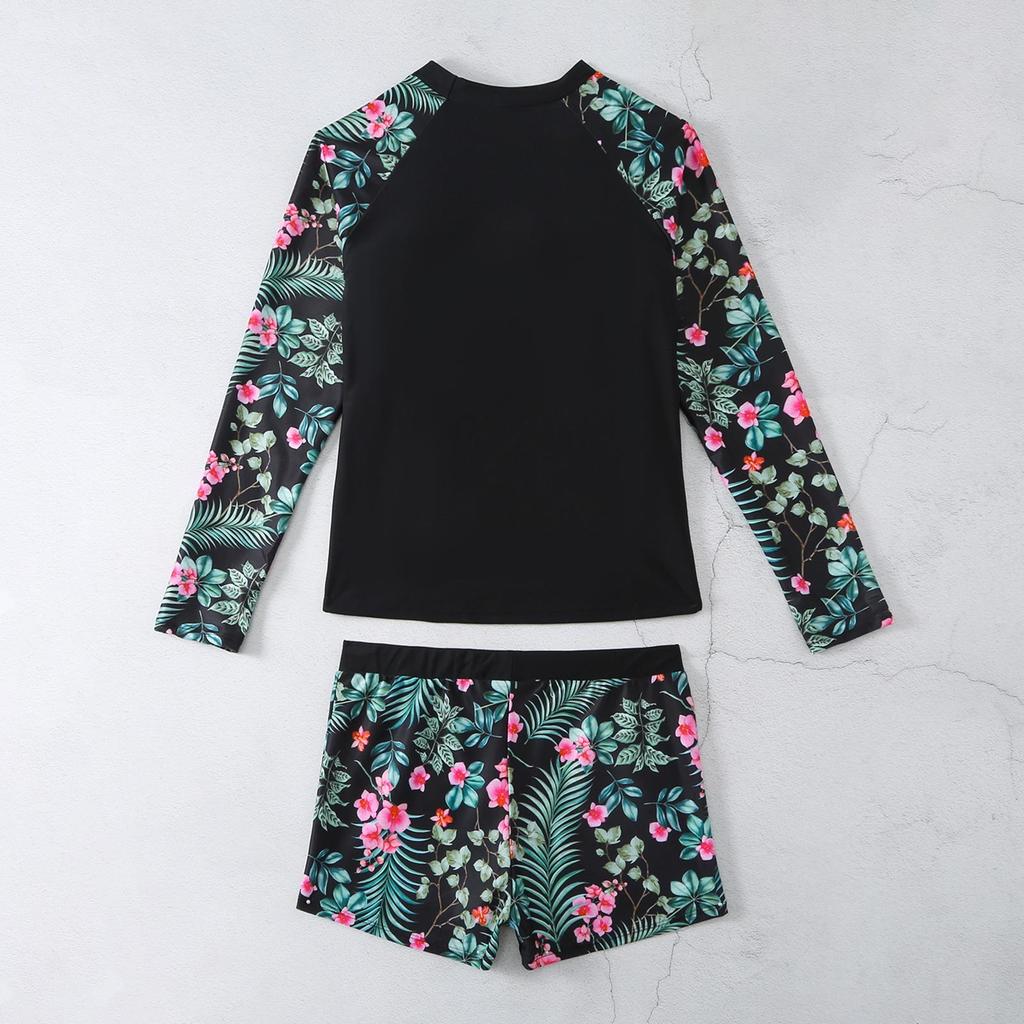 Konservativer Bikini-Boxer-Badeanzug für Damen mit langen Ärmeln und Digitaldruck