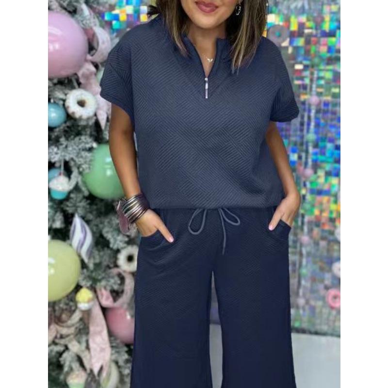 

YYFS Женская мода Повседневный Лето Весна Однотонный Принт Короткий Рукав V-образный Вырез Брюки Костюмы XXXL темно-синий