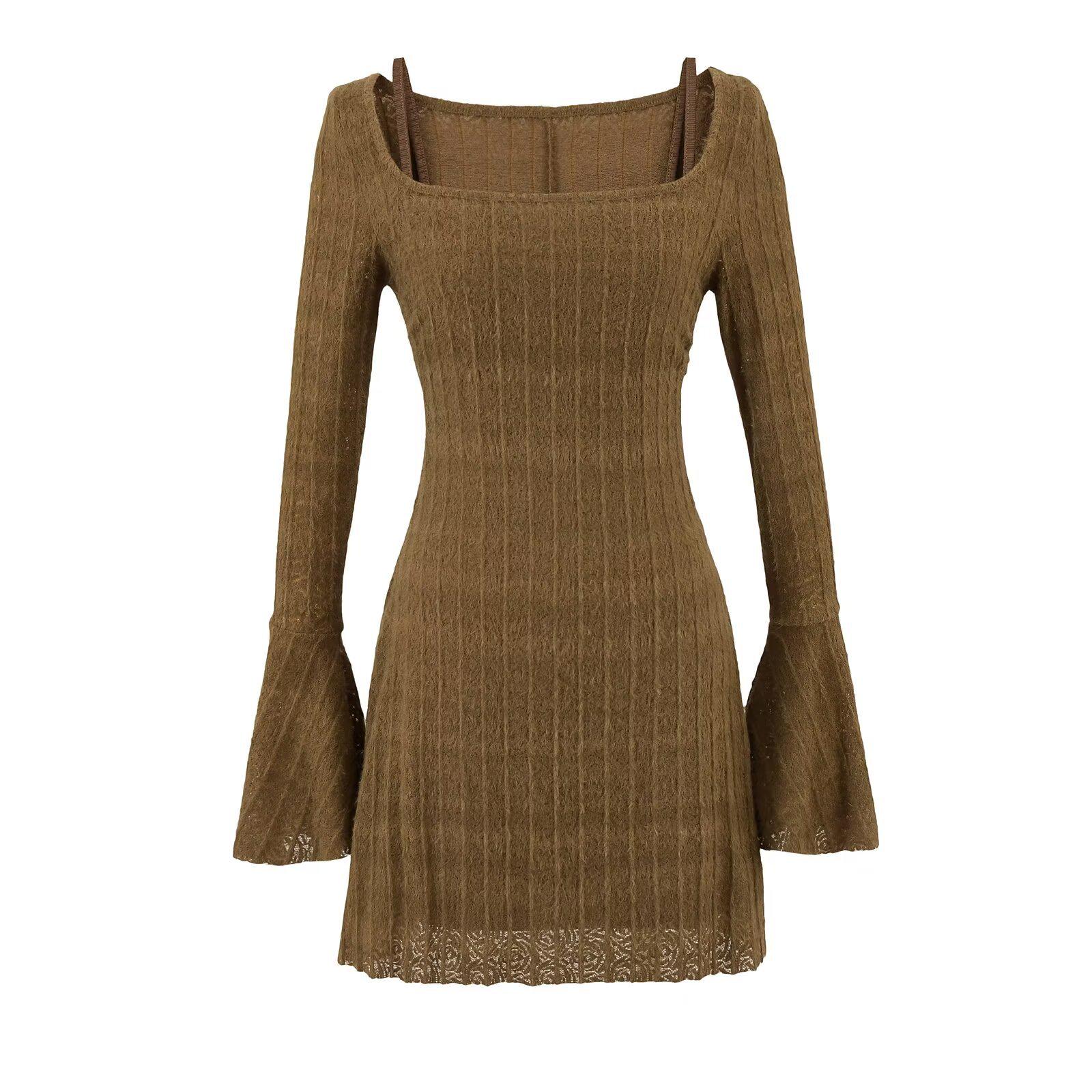 

2025 Весенний женский сексуальный облегающий вязаный комплект платья-майки Medium темно-коричневого