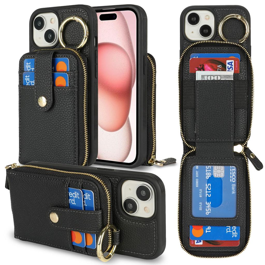 For iPhone 15 Case with Zipper Pouch/Ring Kickstand/Strap Litchi Texture PU+TPU Phone Cover
