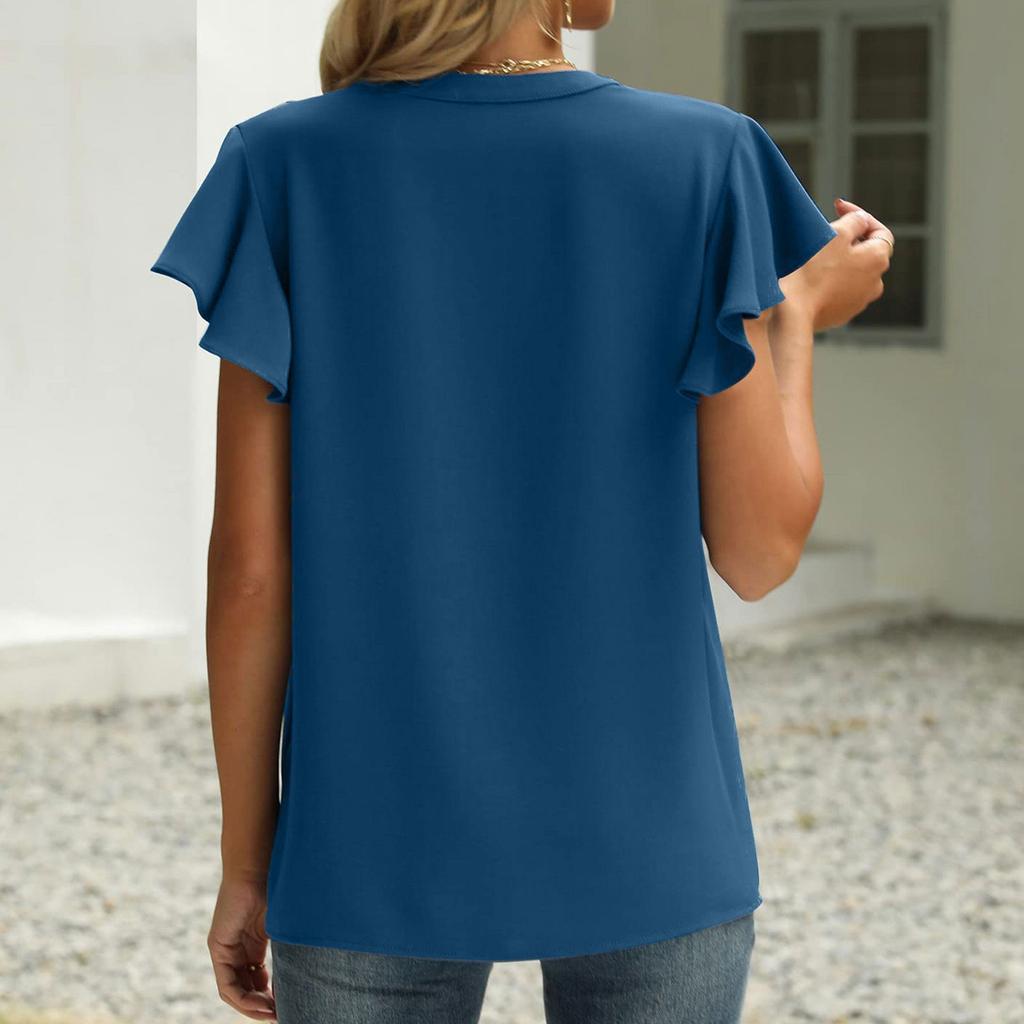Women's Fashion Color Casual Short Sleeve Stitching V-Neck Shirt Top