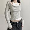 Minimalist Style Two-piece Knitted Pit Stripe T-shirt for Women's Autumn Solid Color Top Base Shirt