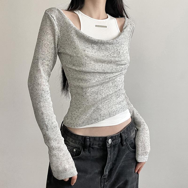 Minimalist Style Two-piece Knitted Pit Stripe T-shirt for Women's Autumn Solid Color Top Base Shirt