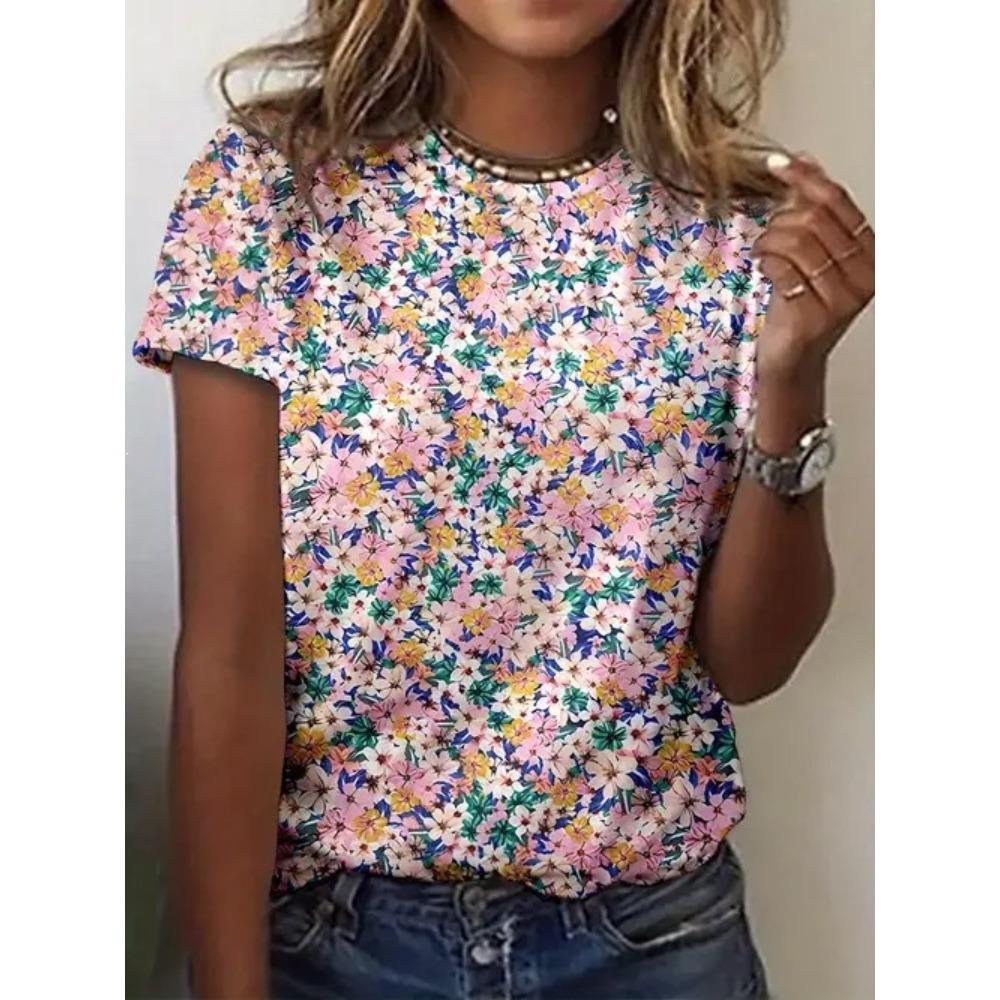 Summer Women’s Casual Fashion Flower 3D Printed T-shirt Loose Breathable Plus-size Casual Sports Versatile Crew Neck Short-sleeve T-shirt