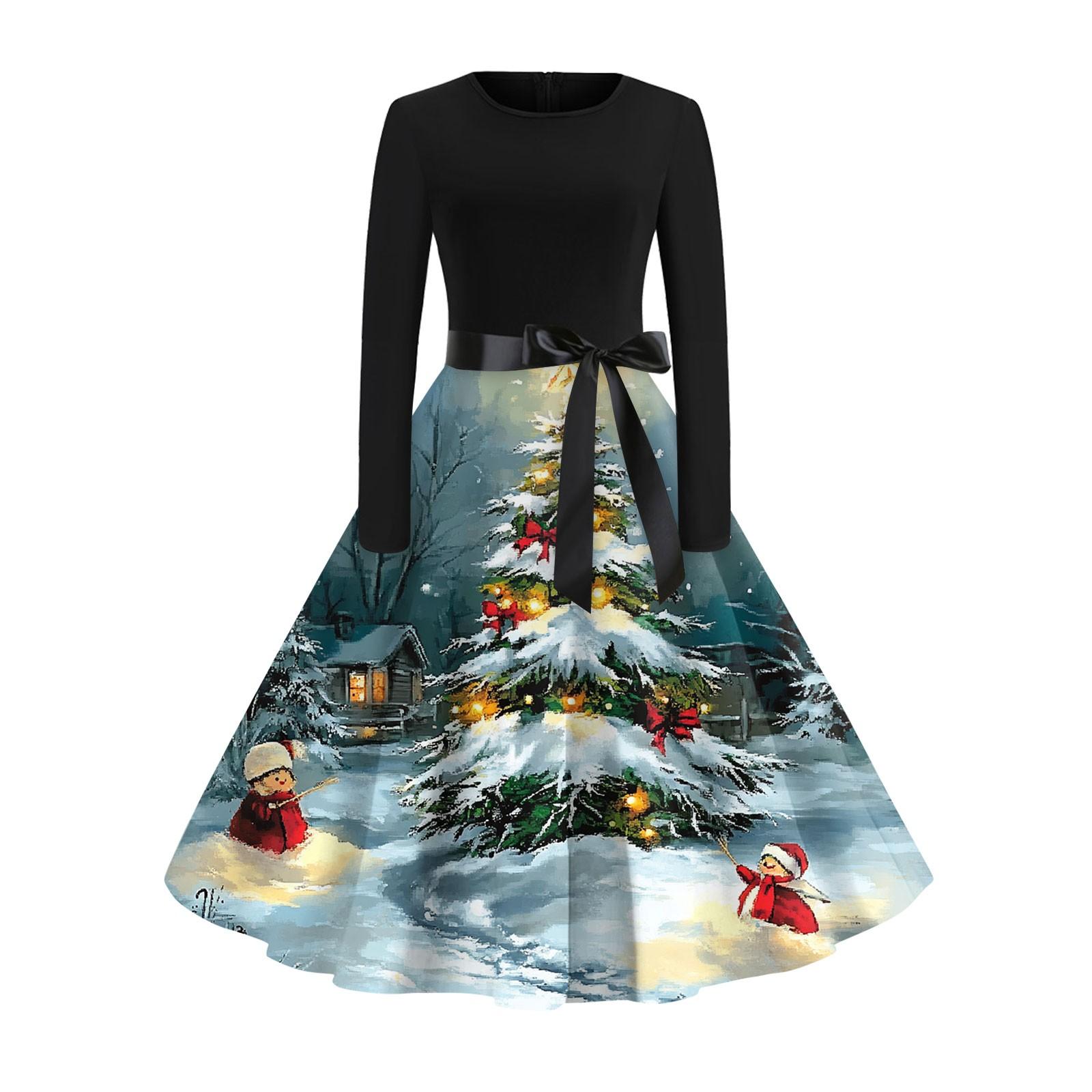 Рождественский принт расклешенное платье для женщин платье с длинным рукавом полые — фото 6