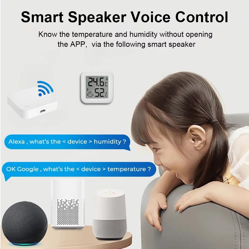 Bluetooth Temperature Humidity Sensor LCD Screen Tuya APP Remote Voice Control Google Thermometer Hygrometer with A String