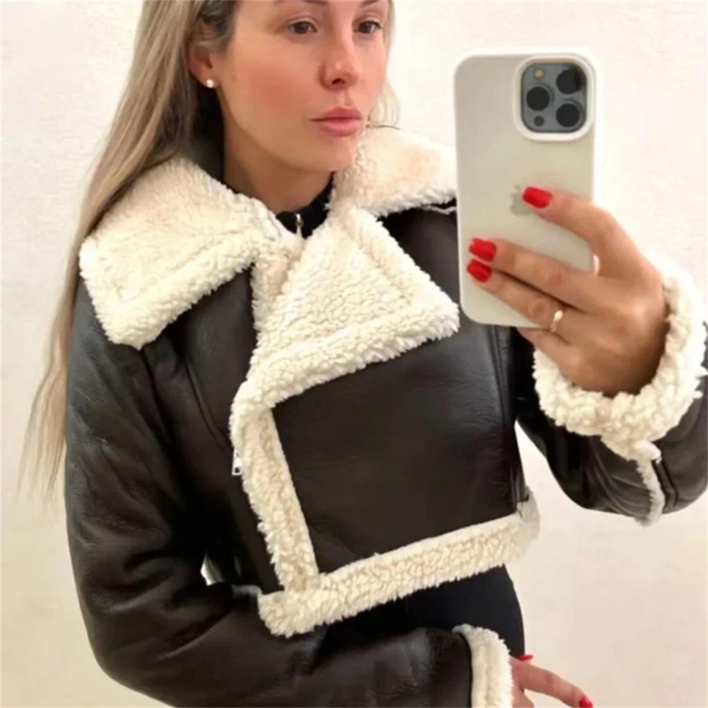 Damer Ensfarget Kort Skinnjakke Glidelås Lange Ermer Høst Vinter Kåpe Vintage Feminin Chic Dame Antrekk Korte Jakker