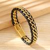 Geometric Double Chain Leather Bracelet for Men, Hand Woven Stainless Steel Magnetic Buckle Bracelet