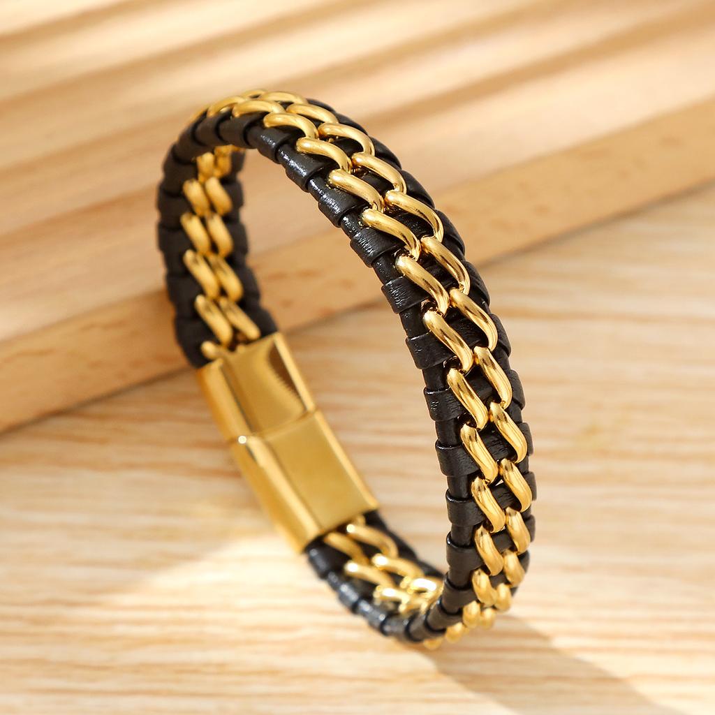 Geometric Double Chain Leather Bracelet for Men, Hand Woven Stainless Steel Magnetic Buckle Bracelet