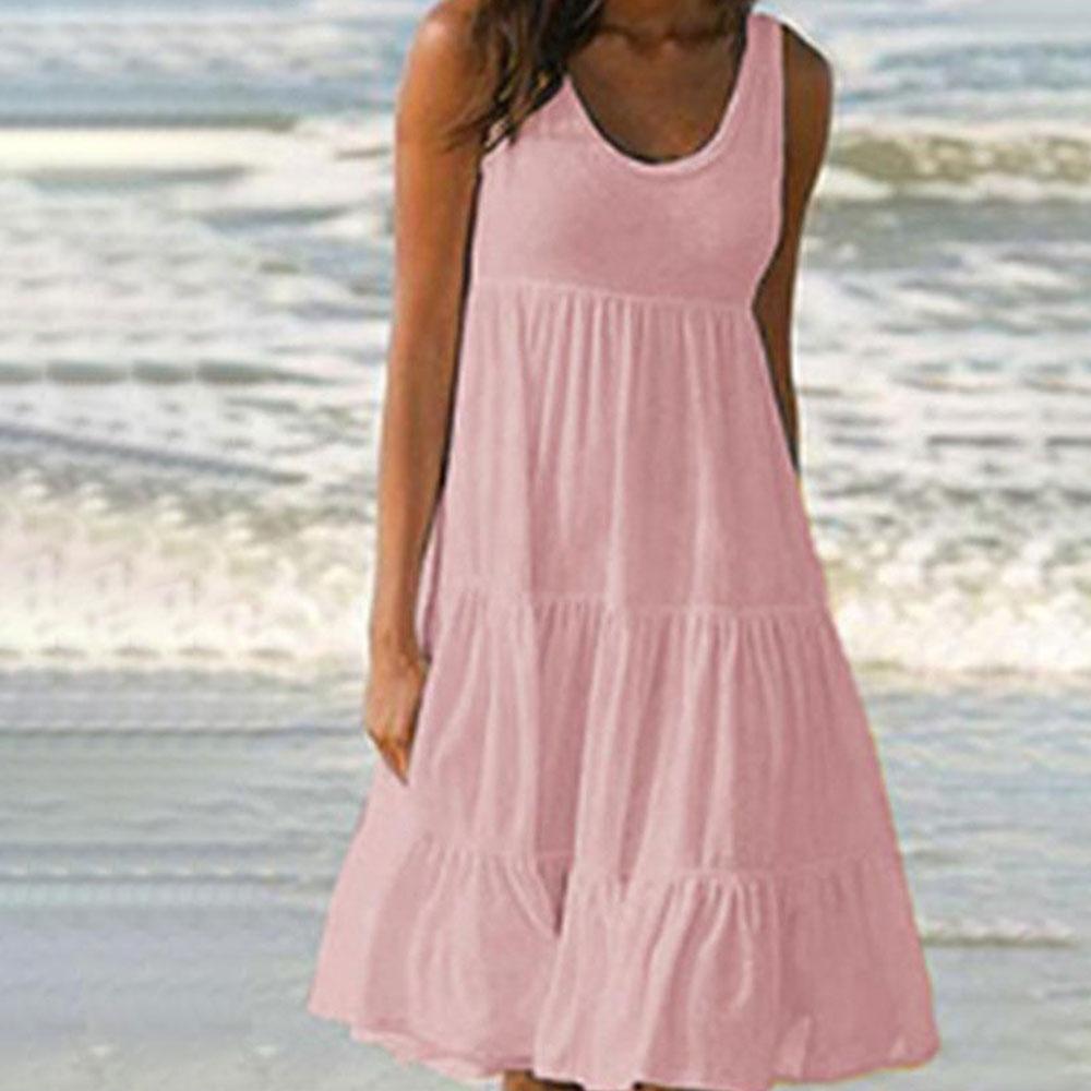 Letní bílé šaty s kulatým výstřihem, bez rukávů, s volánky, volné, plážové šaty pro ženy, boho, jednobarevné, elegantní letní šaty, klubová párty, midi šaty