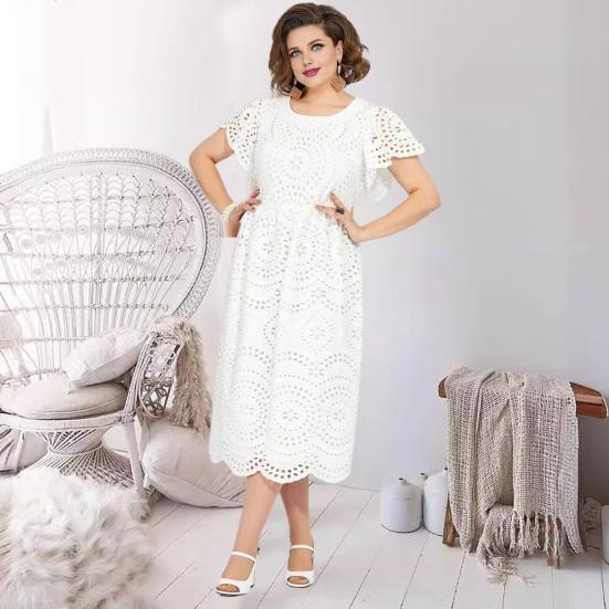Damen Kleid Übergröße Rundhalsausschnitt Aushöhlen Stickerei Spitze Schlanke Passform Einfarbig Kurze Ärmel Pendeln Formelle Party Abschlussball Sommer Midikleid