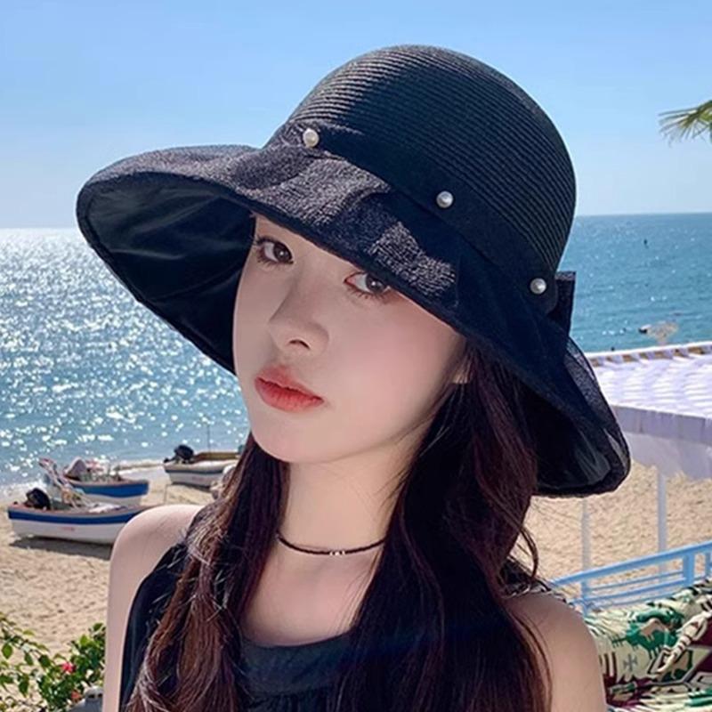 Summer Seaside Sunscreen Straw Hat Women's Big-brimmed Sun Hat Showing Face Small Bucket Hat Pearl Bow Beach Hat