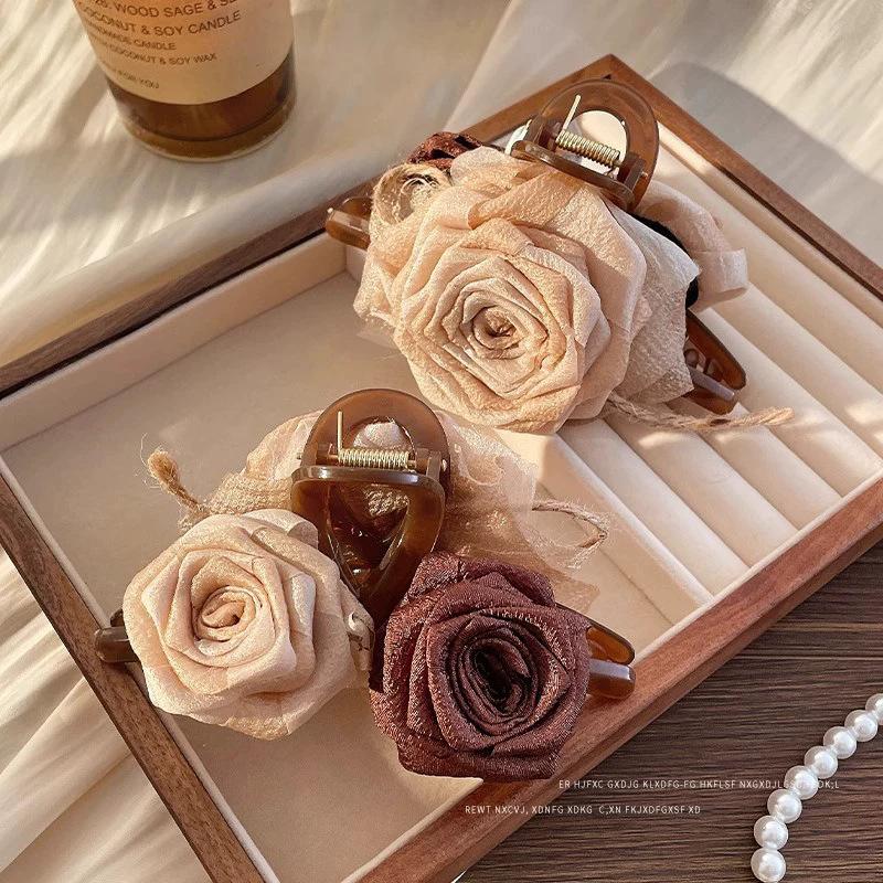 Dry rose antique flower grab clip female 2026 large shark clip back head hair clip headgear