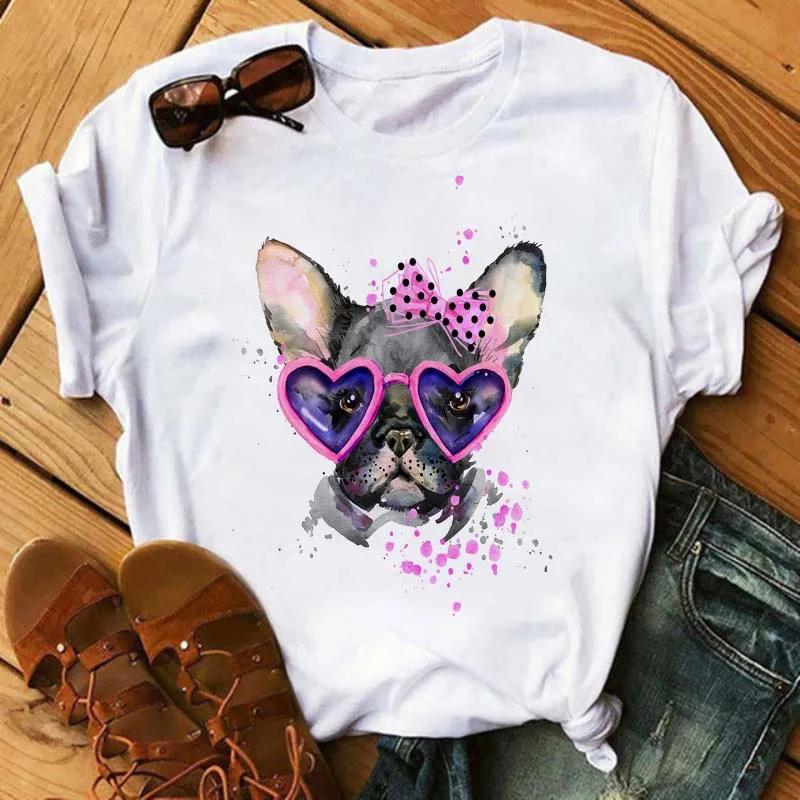 Fun Cute French Bulldog T-shirts Animal Harajuku Print Pattern Short Sleeves  Pure Cotton Women's T-shirts