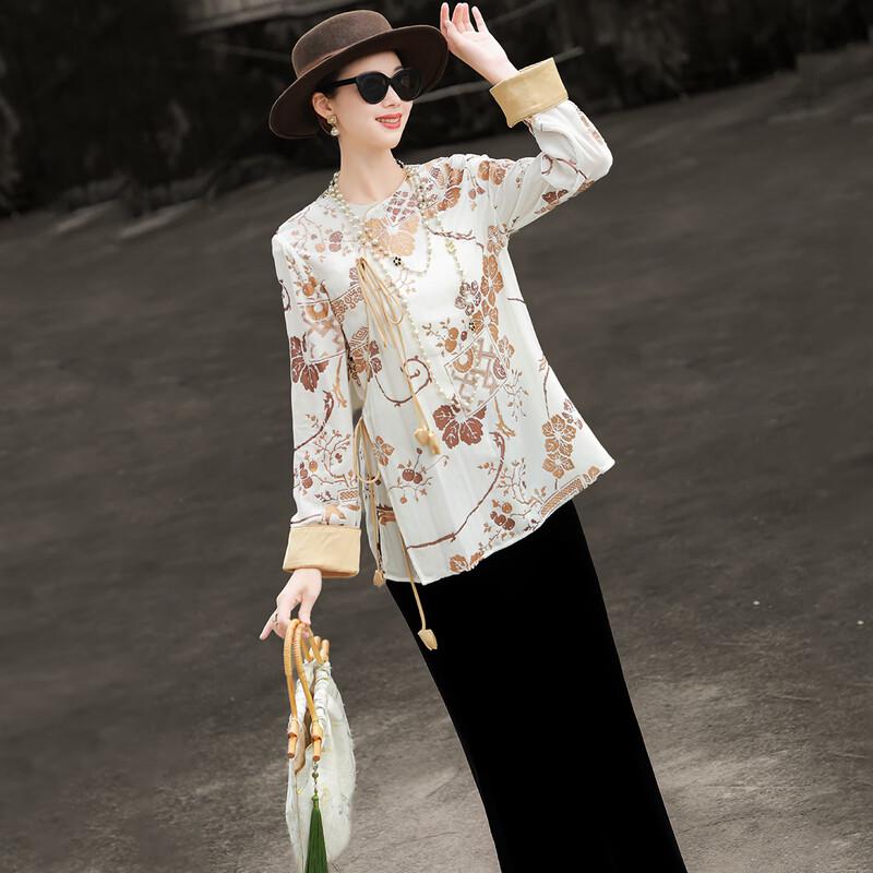 Lanseer New Chinese Style Velvet Tie-up Cardigan Shirt L