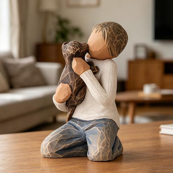 Puppy And Boy Figurine Kneeling Boy In Blue Jeans Holding Dog Statue Resin Sculpture for Bedroom Office Desk Bookshelf Decor Gifts for Dog Lovers