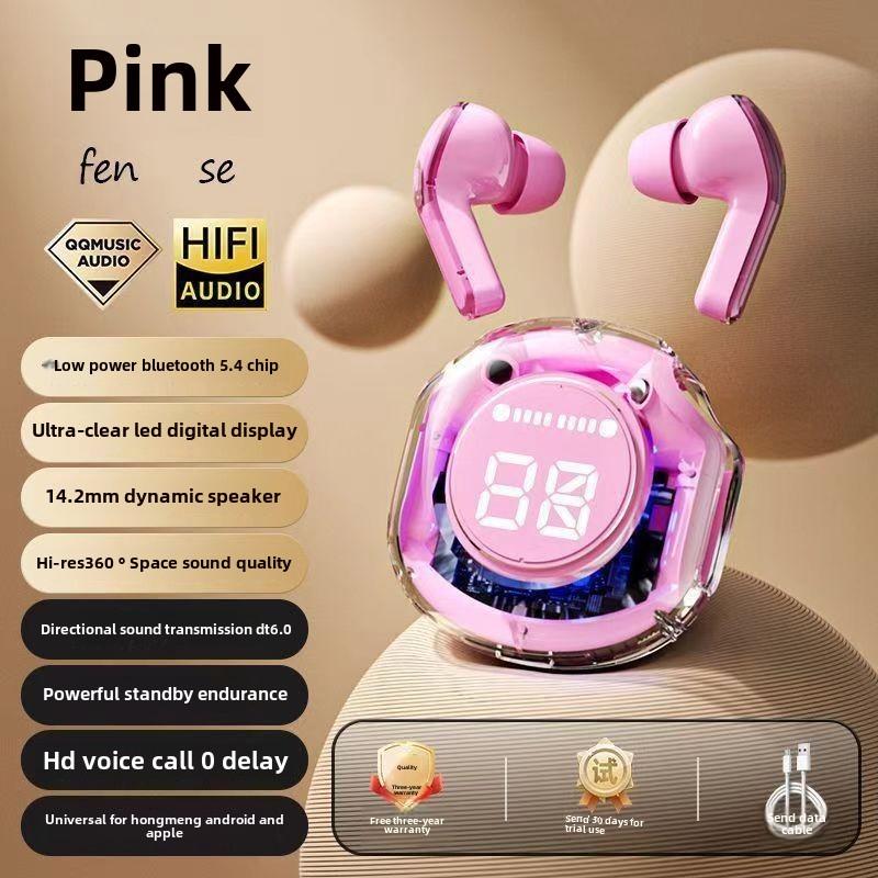 

2025 Прозрачная цифровая гарнитура сверхдлительного действия беспроводная Bluetooth спортивная внутриканальная шумоподавление высокое качество звука игра розовый