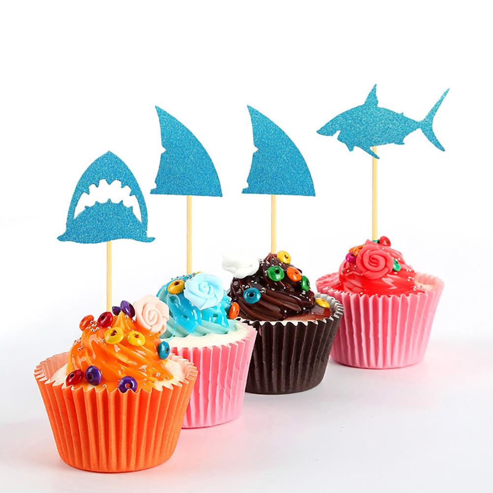 24pcs/set Fashion Shark Shape Cupcake Insert Cards with Toothpick Wedding Birthday Party Gifts Cake Decorations