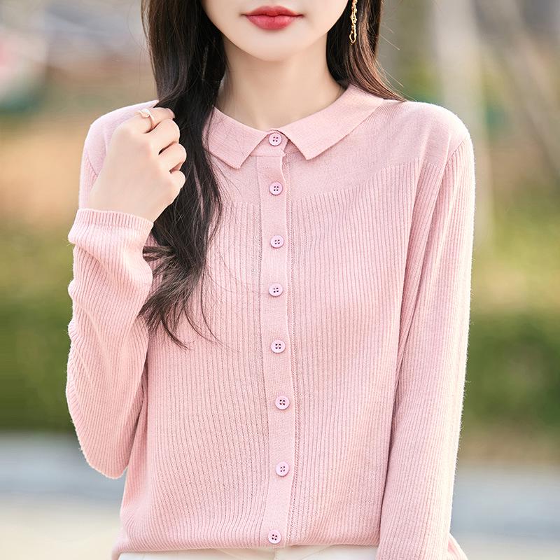 2026 Spring/Summer Women's Polo Collar High Imitation Wool Knit Cardigan - Long Sleeve, Button-Up, Elegant Wool Top