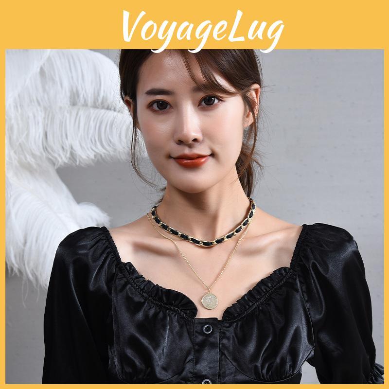 Stylish Double Layered Titanium Steel Black Woven Necklace For Women With Geometric Design