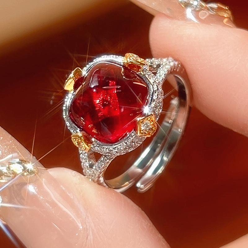 Manufacturer's New Retro Ring With An Open Mouth Women's Ruby Inlay Versatile Fashionable High-end Light Luxury
