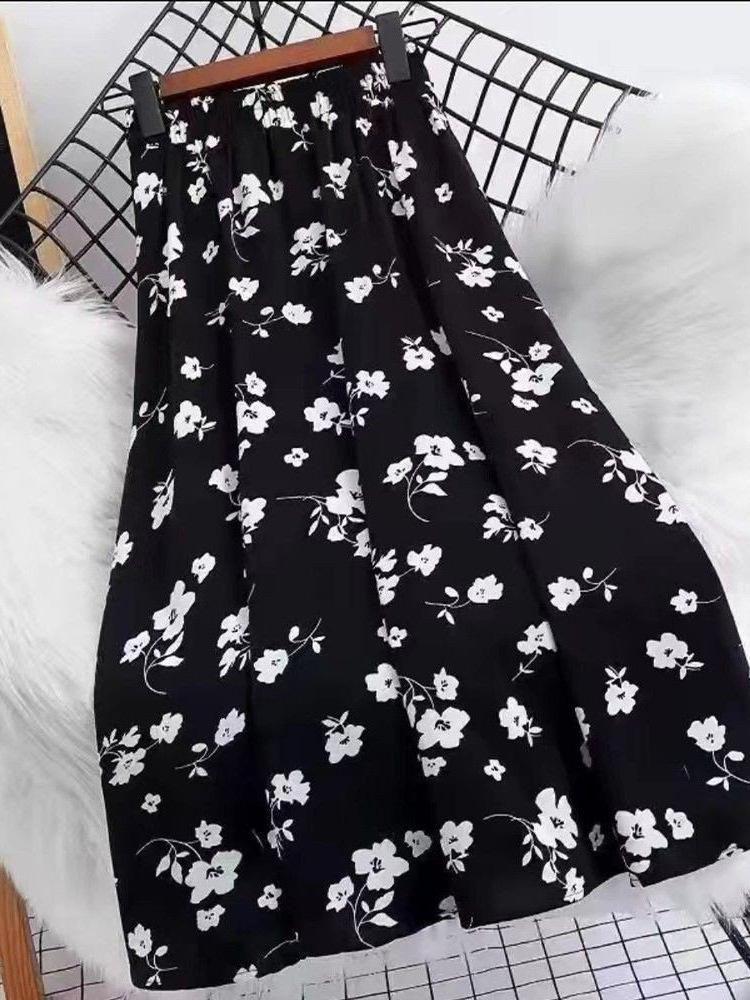 Schicker Retro-Midirock mit Orchideenblumenmuster und hoher Taille - Große Größen Sommer Damen Schlankmachender Halbrock