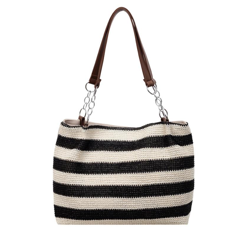 Shoulder Bag Women's Striped Contrast Color Tote Bag Woven Tote Bag Large Capacity Straw Woven Bag