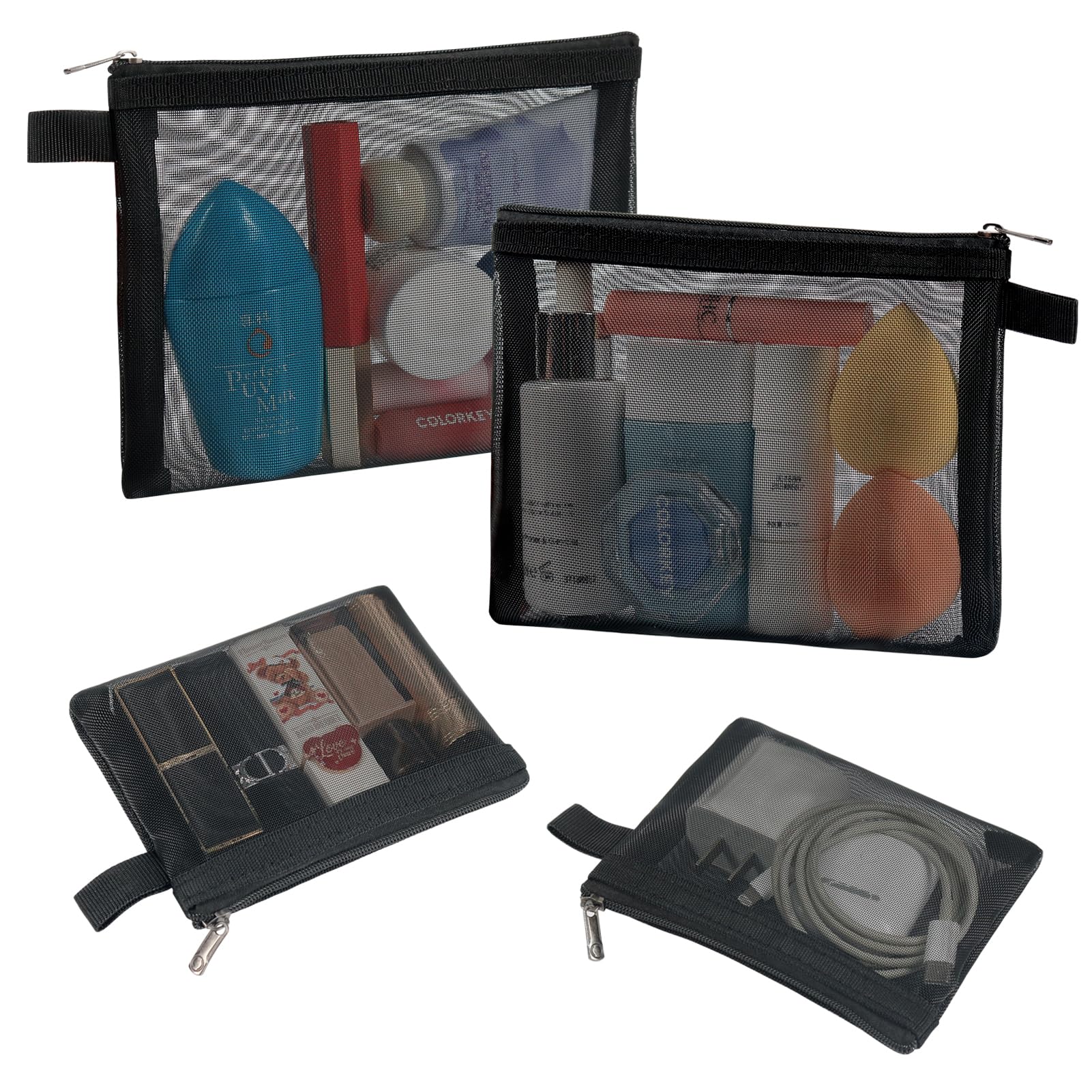 

besharppin Сетчатый косметический набор из косметички для косметики и мелких предметов, идеально подходящий для деловых поездок и размеров M и S, 4 предмета, для путешествий, (черный)