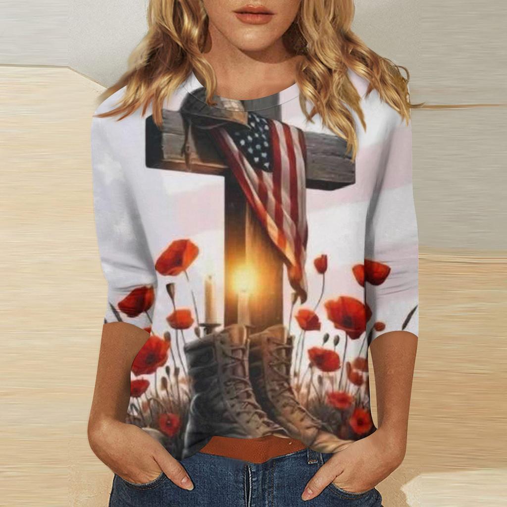 Women's Independence Day Print Round Neck Seven-Eighths Sleeve Top