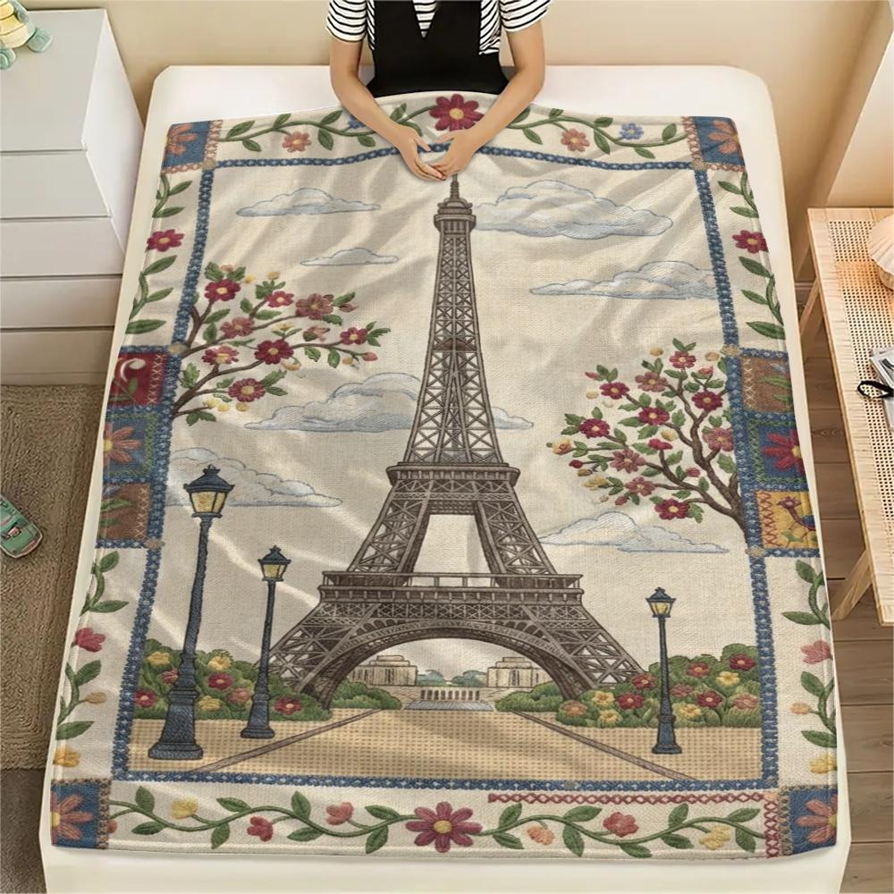 Paris Eiffel Tower Print Flannel Blanket, High quality Comfortable for All Seasons, Home Decor, Warmth and Comfort, Perfect for Christmas Gifts90