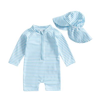 Fato de Banho Rash Guard Infantil para Meninos Meninas com Chapéu Conjunto de 2 Peças Padrão Listrado Zíper Manga Comprida Gola Careca Roupas de Banho para Bebê