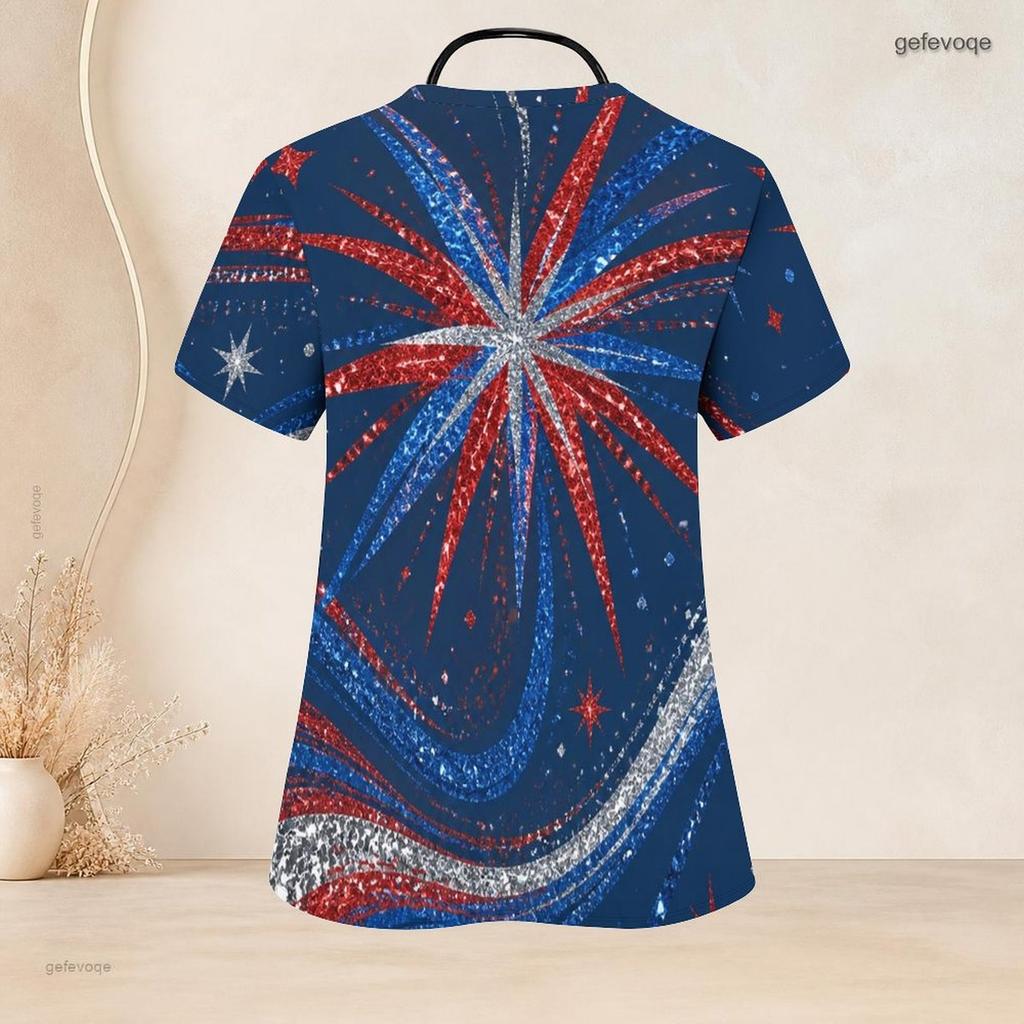 Women Plus Size Printed Nurse Scrub Top V Neck Short Sleeve With Front Pockets Navy Blue Red Silver Firework Print