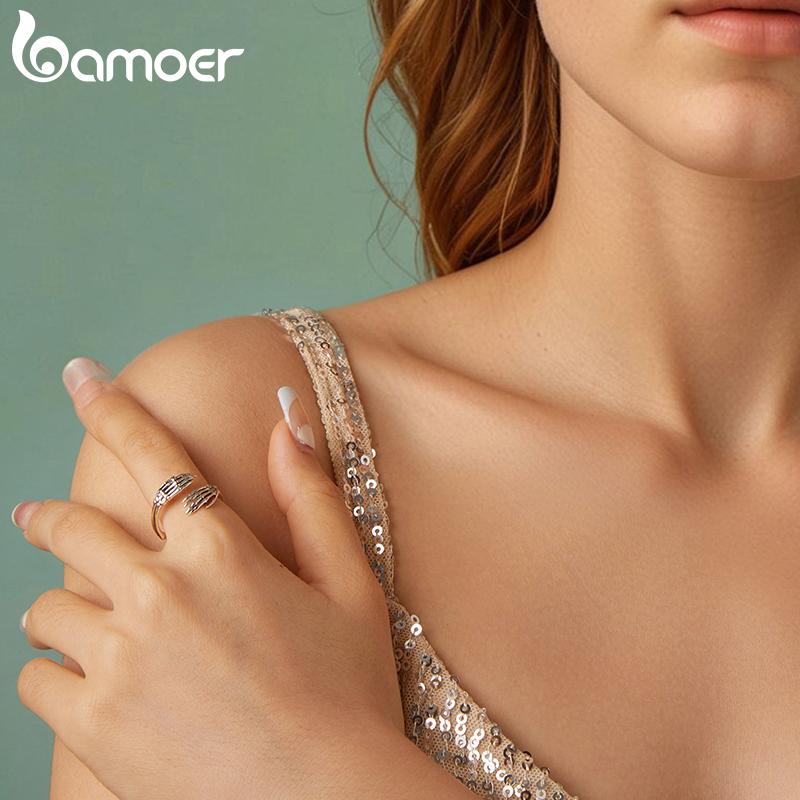 Bamoer 925 Sterling Silver Hug Hand Opening Ring For Women Jewelry Skull Open Ring Vintage Oxidized Silver Simplicity Ring Gift