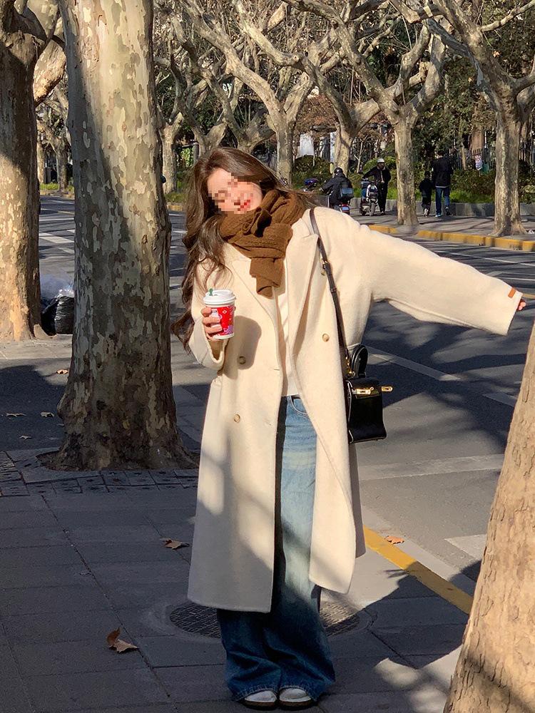 Su Jiu'er Damen Mittellanger Doppelseitiger Wollmantel - Verdickt, Weiß, Winter 2025 Edition