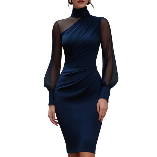 Women's Mesh Sheer Long Sleeve Mini Dress, Ruched Bodycon Mock Neck Party Cocktail Dress, Formal Wedding Guest Evening Gown