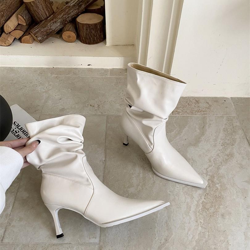 2025 winter fashion pleated piled boots women's high heel elastic thin boots pointed short boots thick heel Korean small bare boots