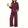 Women's Pajama Set with Pockets, Long Sleeve Round Neck Loose Fit Sleepwear for Home