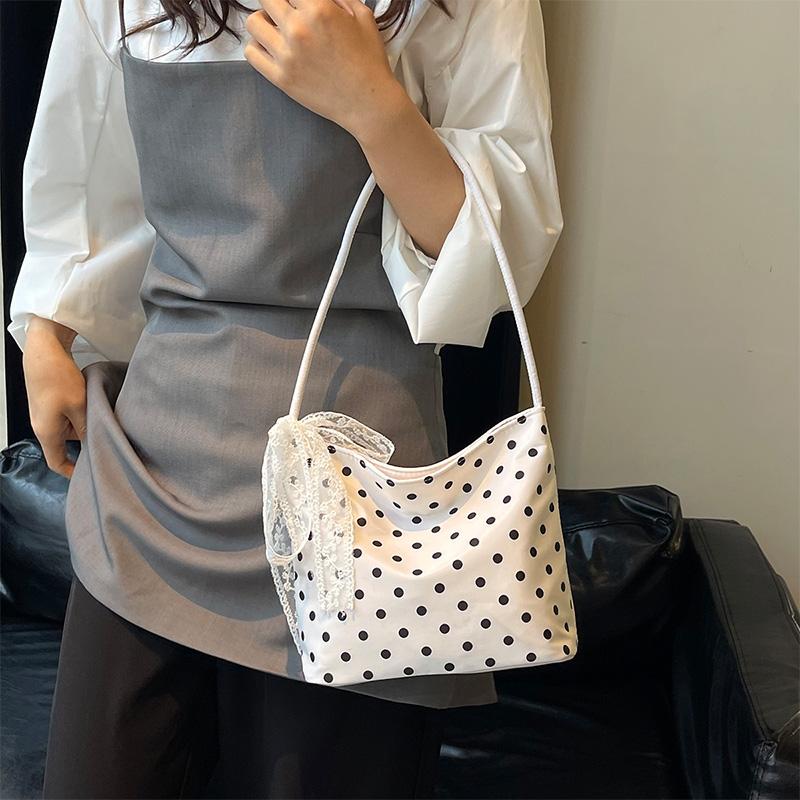 Polka Dot Nylon Shoulder Bag Cute Lace Bow Decor Casual Hobo Bag Lightweight Daily Purse Handbag Vertical Square Underarm Bag