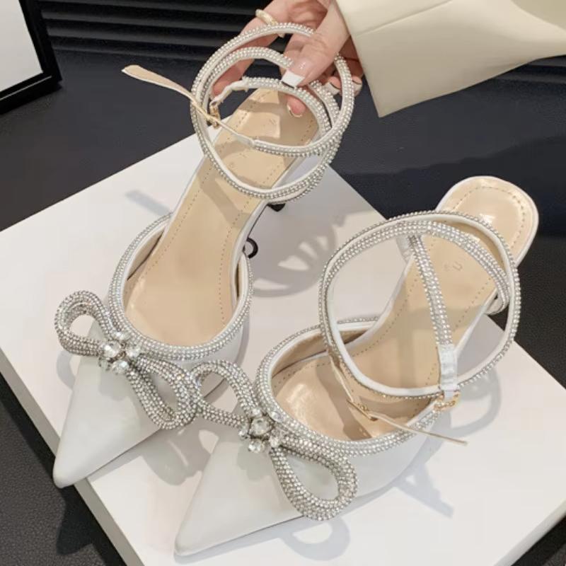 Luxury Rhinestone Bow High Heeled Sandal Women Elegant Summer Dress ankle strap Heels Shoe Sexy Pointed Toe Satin Designer Pumps