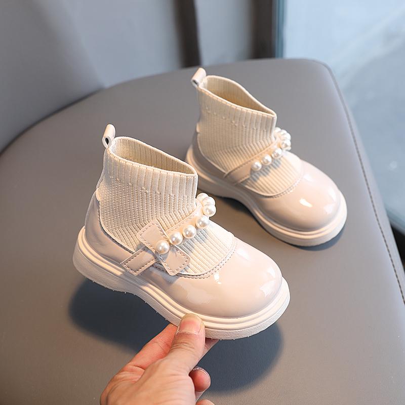 Girl's Short Boots Ankle-High Beading Autumn Fly-Woven Kids Sock Boot Wedges Flexiable Sweet Slip-on Toddler Children Boot 21-30
