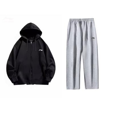 Li Ning Kapuzen-Cardigan Sweatshirt Bequeme Lange Hose Lässiger Sportanzug Unisex Anzug YWDU347-1+AKLUA01-2