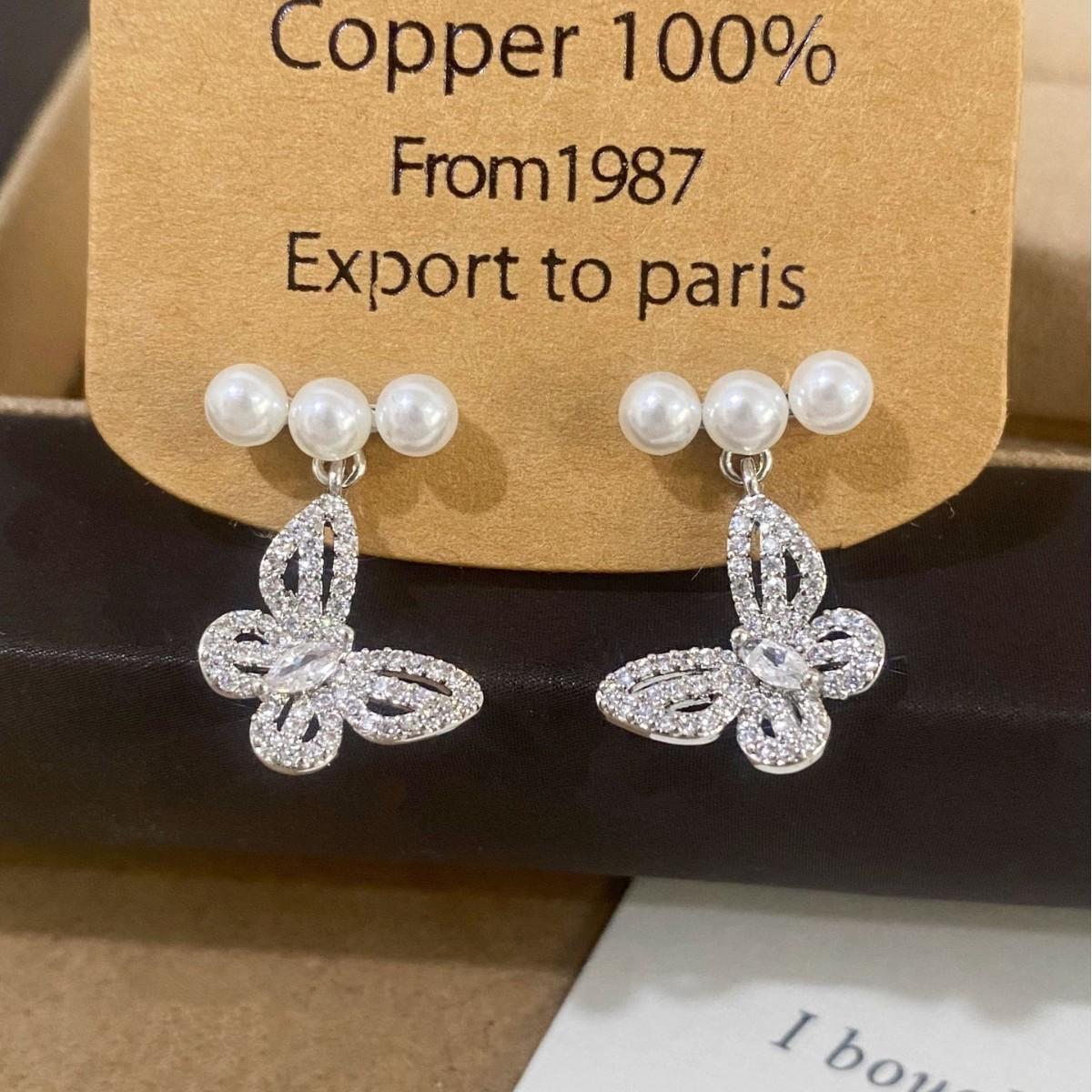 Exquisite French Silver Butterfly Pearl Stud Earrings: Elegant Cubic Zirconia Ear Jewelry for Women