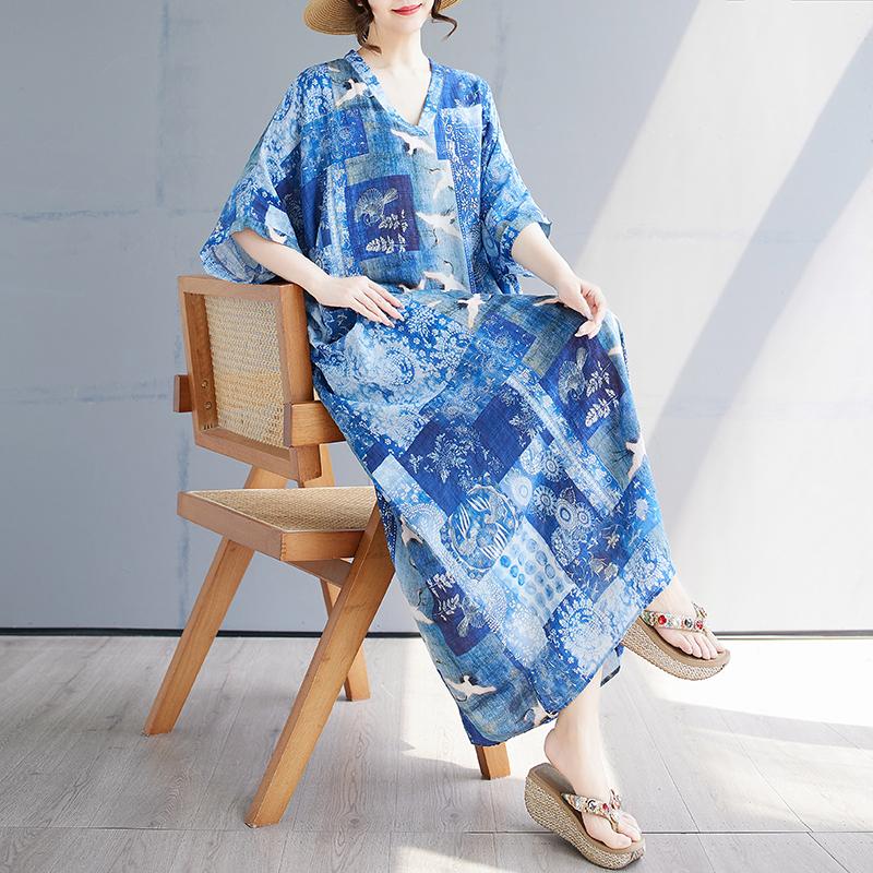 DIMANAF 2025 Summer Plus Size Dress Basic Women Casual Loose Blue Vintage New Long Oversized Dress Maxi