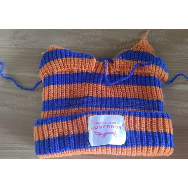 Damen Gestrickte Mütze mit Ohrenklappen und Streifen Niedliche Katze Ohrenschützer Mütze Winterlich Warm Weich Pullover Mütze