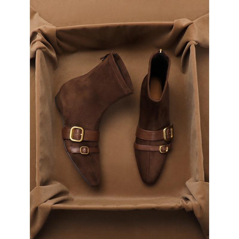 Sheepskin Version Retro Belt Buckle Thin Short Boots Women's Rear Zipper Elastic Boots Wedge Heel Thin Boots Square Martin Boots