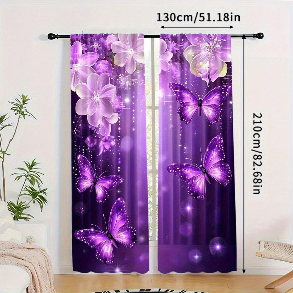 2PC Purple Butterfly & Floral Sheer Curtains - Sparkly Fantasy Print Window Drapes for Girls Bedroom Living Room Decor